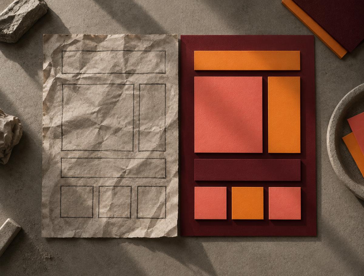 Ancienne maquette froissée à gauche, nouvelle composition de panneaux orange et bordeaux à droite